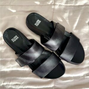 Eileen Fisher Black Dee Leather Slide Sandals Size 8.5 NBW 〰️